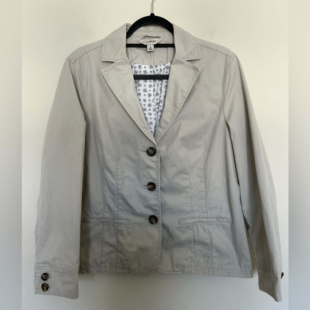 L.L. Bean Cotton Blazer Jacket Light‎ Tan Size 16 Floral Lining